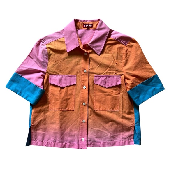 Staud Color Block Shirt Sleeve Button Down Polo, Size S - Picture 1 of 11